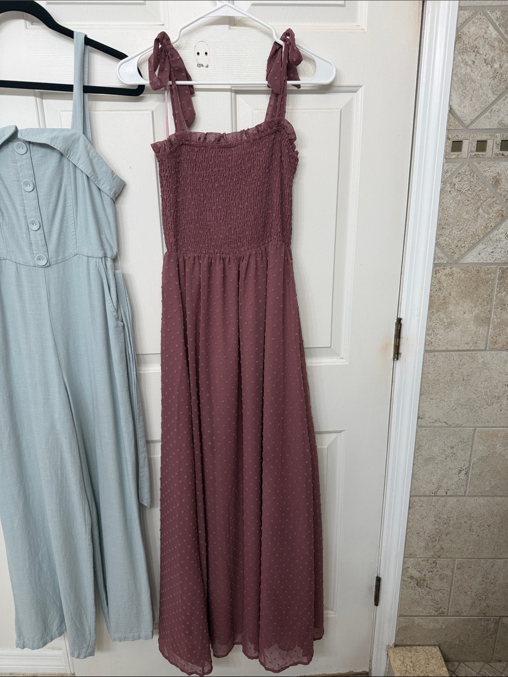 Tie-Shoulder Smocked Maxi Dress in Mauve